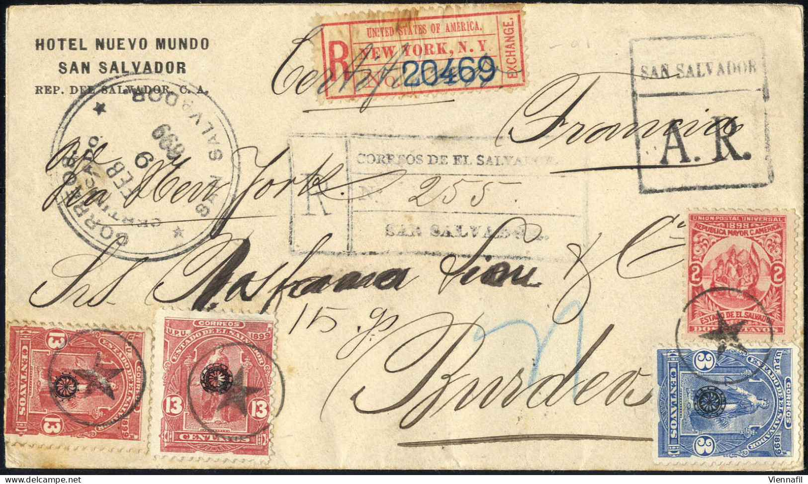 Cover 1899, Eingeschriebener Brief Vom 9.2. Nach Bordeaux (Frankreich), Frankiert Allegorie 2 C Ohne Und 3 C + Zwei 13 C - El Salvador