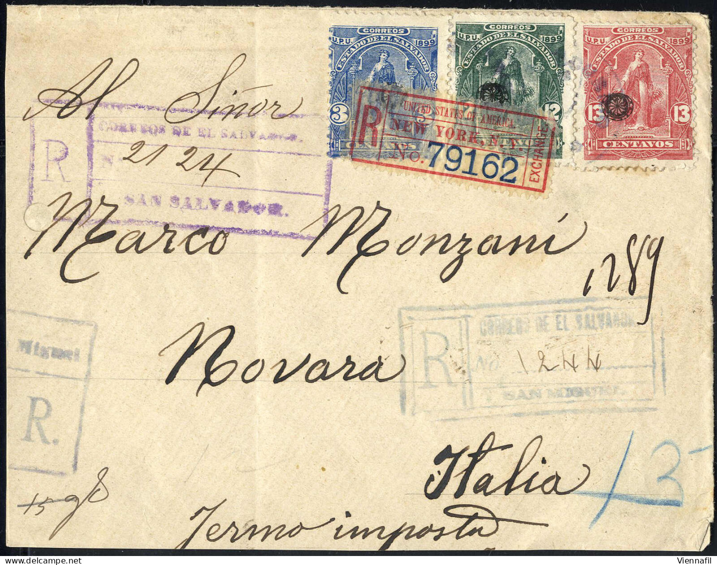 Cover 1899, Eingeschriebener Brief Vom September Nach Novara (Italien), Frankiert Allegorie 3,12 Und 13 C Mit Rosette, M - Salvador