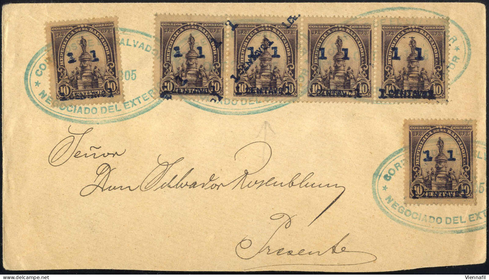 Cover 1905, Brief Vom 2.10., Frankiert Mit Viererstreifen + Zwei 1 C Auf 10 C Lila, Aufdruck Breit (zwei Marken Mit Dopp - El Salvador