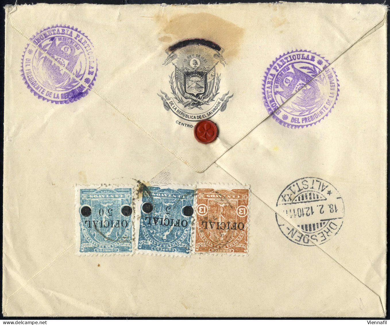Cover 1912, Eingeschriebener Brief Vom 28.1. Nach Dresden (Deutschland), Frankiert Rückseitig Mit Dienstmarken Allegorie - El Salvador