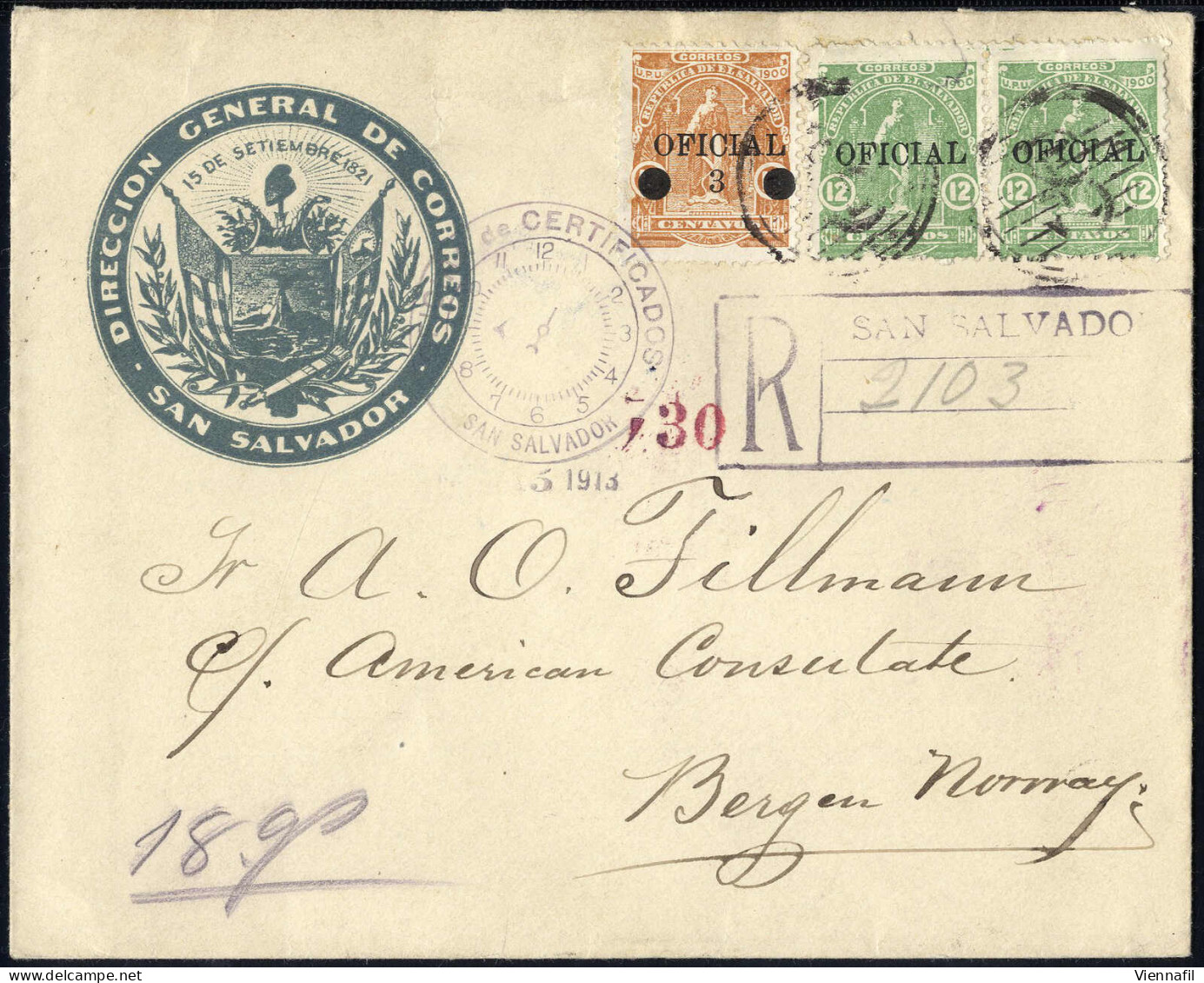 Cover 1913, Eingeschriebener Brief Vom März Nach Bergen (Norwegen), Frankiert Mit Dienstmarken Allegorie 3 Auf 13 C Und  - Salvador