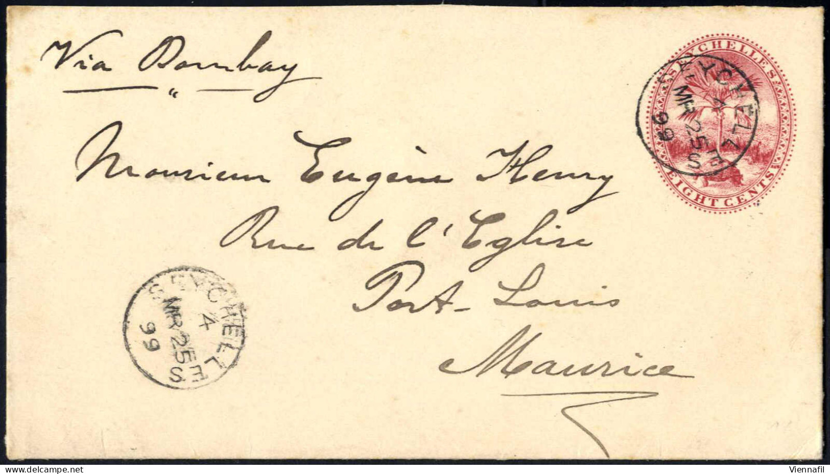 Cover 1899, Ganzsachenbrief über 8 C. Vom 25.3. über Bombay Nach Port-Louis (Mauritius) - Seychellen (...-1976)