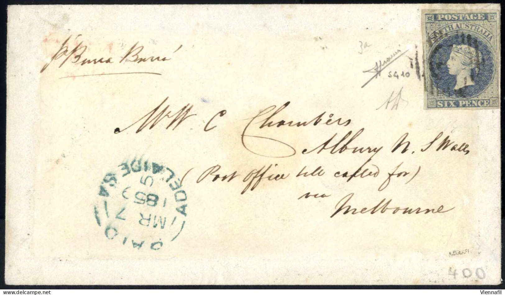 Cover 1859, Letter Dated 7.3.1859 From Adelaide To Melbourne, Franked With 6 D. Slate Blue,two Large And Two Good Margin - Altri & Non Classificati