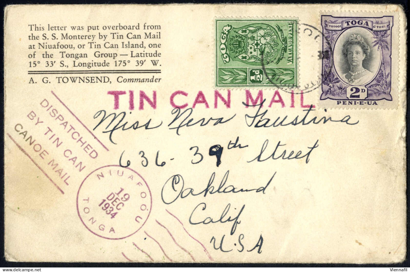Cover 1934, Brief Vom 19.12.1934vvon Niuafoou (Tonga-Inseln) Mit Dem Schiff S.S.Monterey Nach Oakland (California (USA)  - Tonga (1970-...)