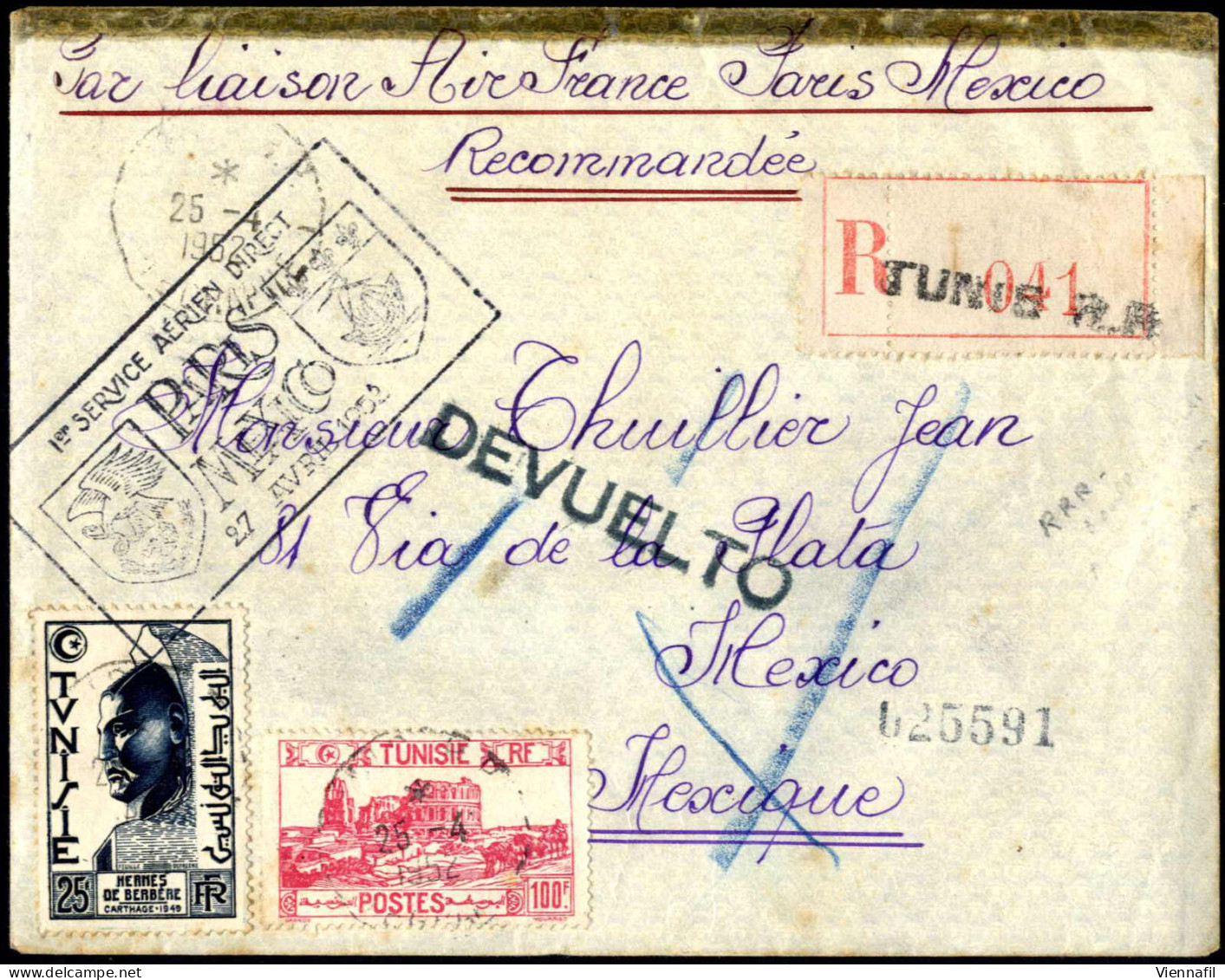 Cover 1952, Rekommandierter Luftpostbrief Vom 25.4.1952 Von Tunis über Paris Nach Mexiko (City), Frankiert Mit 25 Fr. Un - Otros & Sin Clasificación