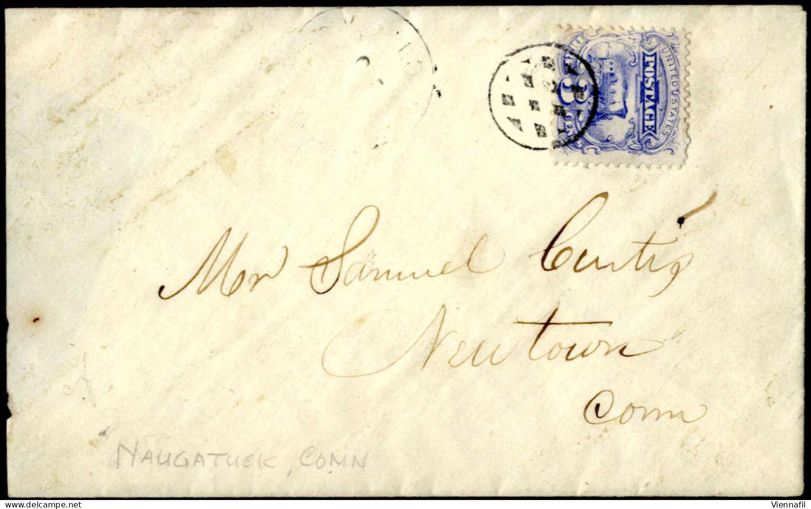 Cover 1869, Brief Von Naugatuck (Conneticut) Nach Newton (Conn.), Frankiert Mit 3 Cents Ultramarin/blau Mit Waffeleinpre - Autres & Non Classés