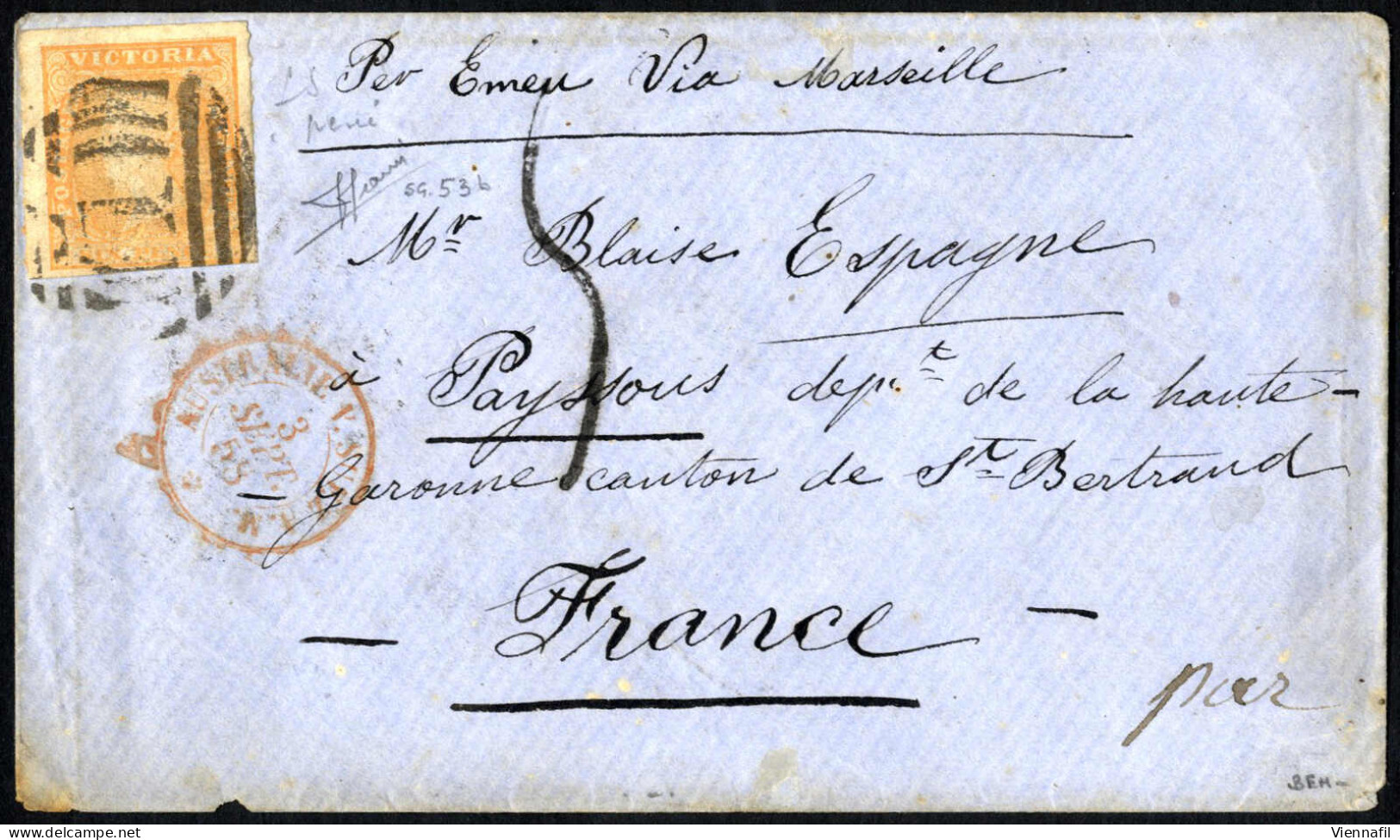 Cover 1858, Letter From July 1858 From Melbourne Via Marseille To Passous (dep. De La Haute Garonne), Franked With Roule - Sonstige & Ohne Zuordnung