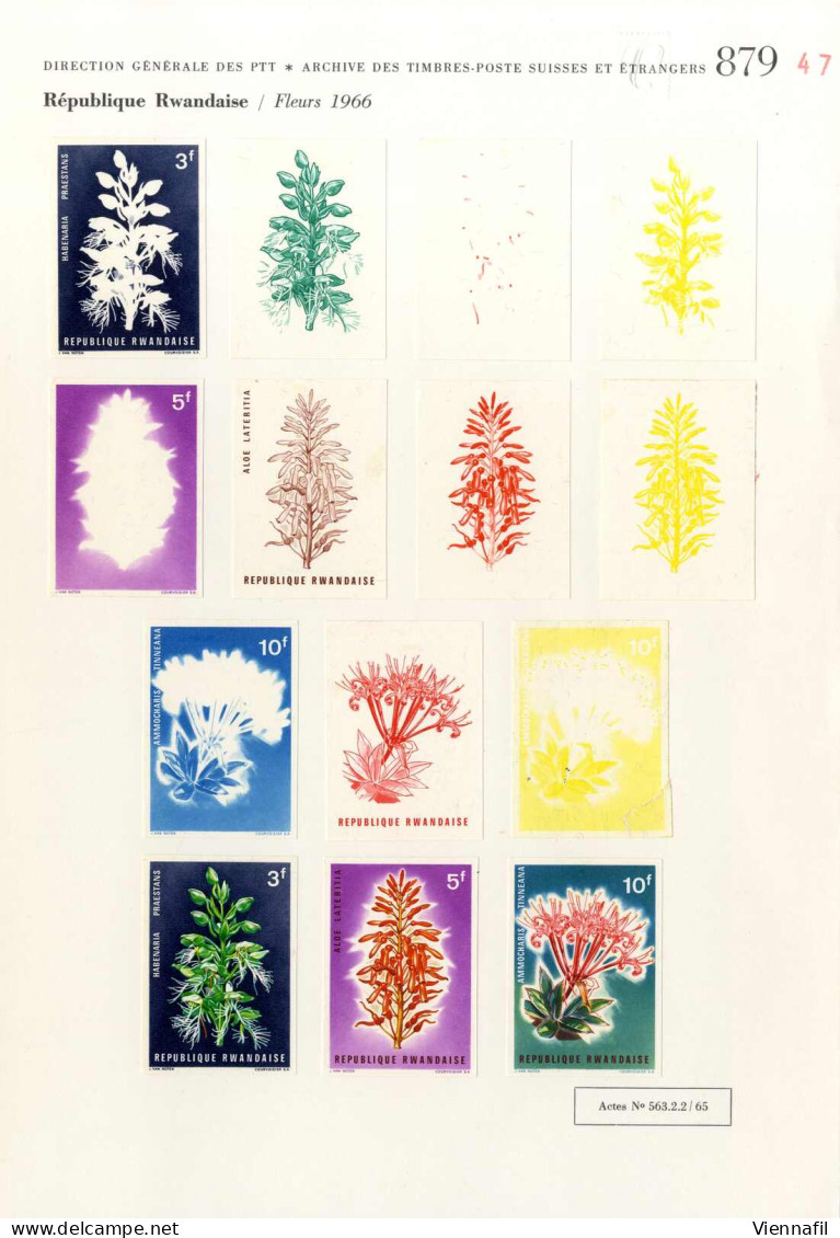 (*) RUANDA 1966, 69 Ungezähnte Probedrucke Der Ausgabe "Blumen" Aus Dem Courvoisier Archiv In Verschiedenen Farben Und D - Other & Unclassified