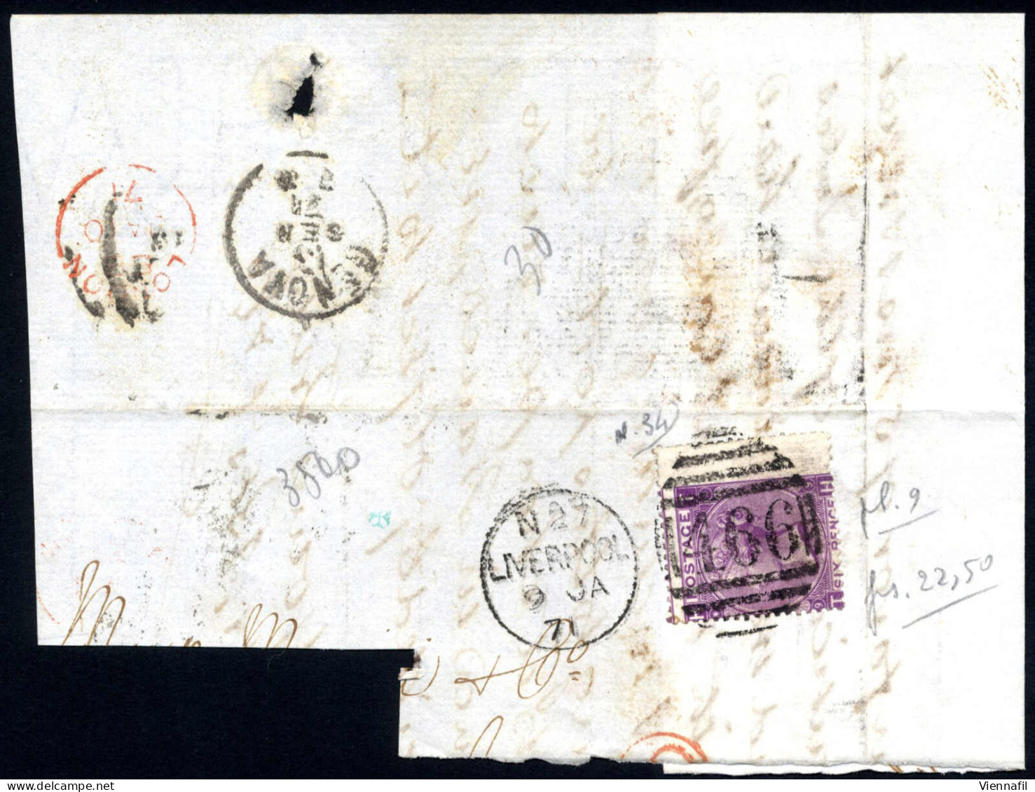 cover Grossbritannien 1869, zwei Briefe und fünf große Briefstücke frankiert mit 6 P. violett mit Plattennummer 8+9 mit 