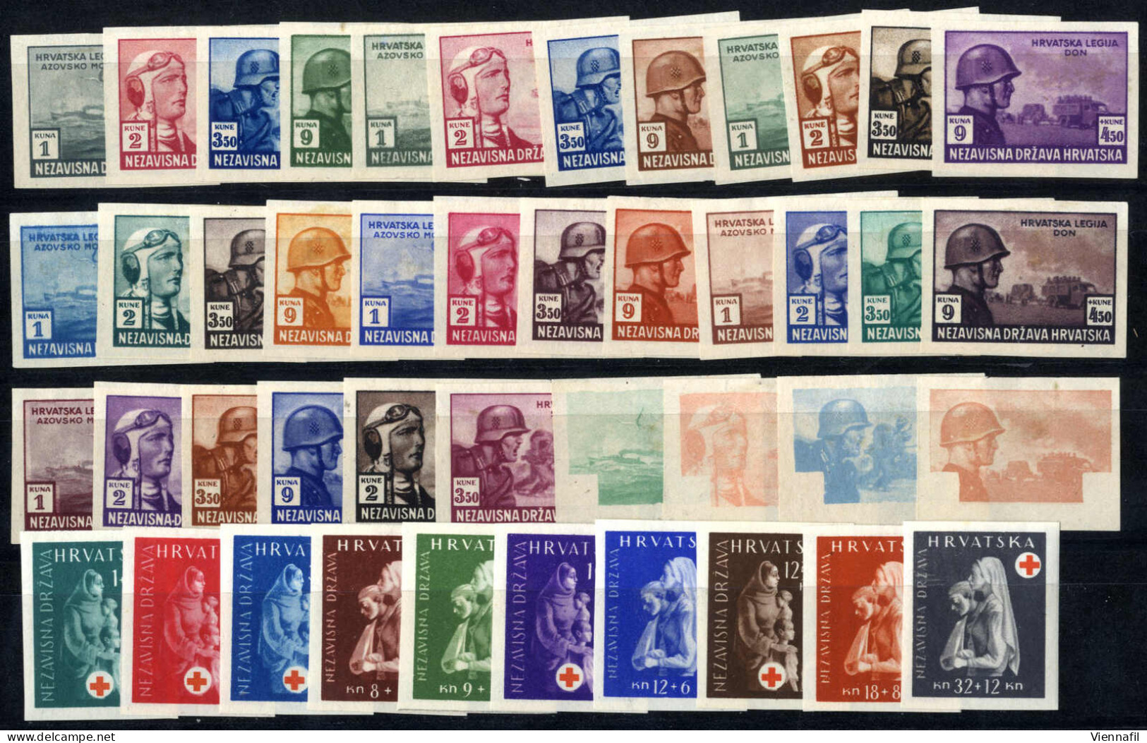 **/*/(*) Kroatien 1943, Legionäre Und Rotes Kreuz, 2 Steckkarten Wovon Eine Mit Paaren Und Farbproben Postfrisch, Die An - Kroatien
