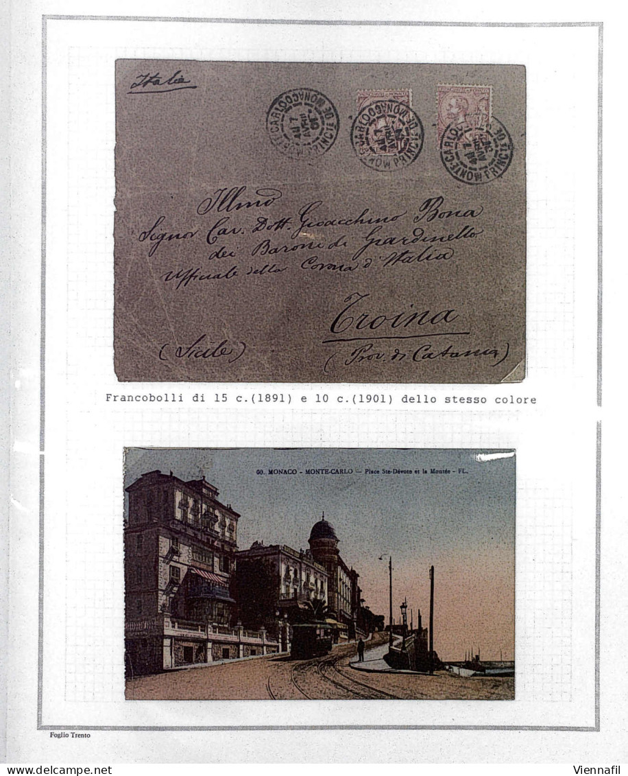 cover Monako 1885/1957, Postgeschichtliche Ausstellungssammlung auf 60 Blättern mit ca. 145 Belegen, überwiegend gute Er