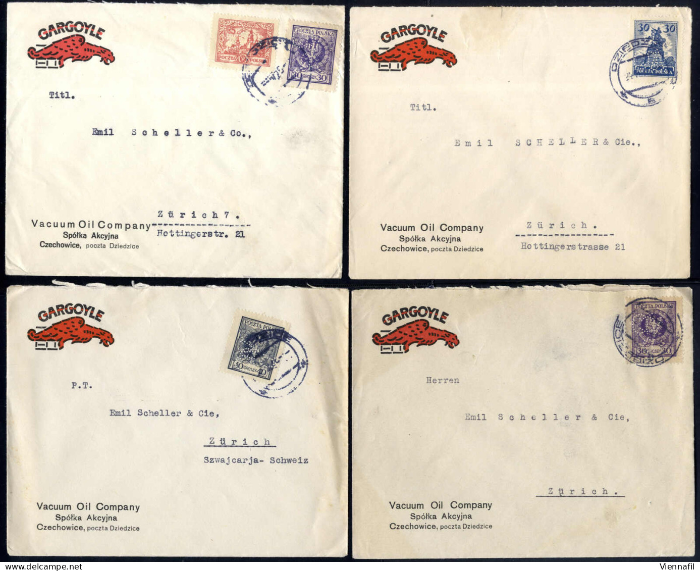 Cover Polen 1925/26, Zehn Briefe (2 Eingeschrieben) Aus Czechowice Nach Zürich Je Frankiert Mit Perfin-Marken Der Firma  - Autres & Non Classés