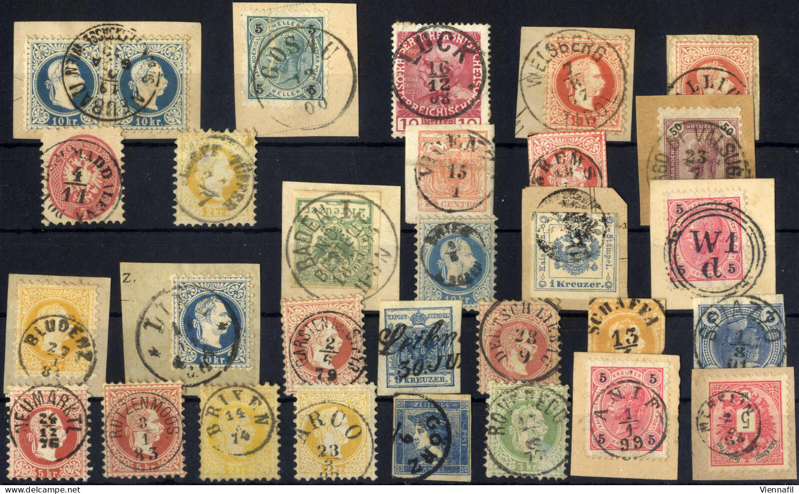 O/piece 1850-1919, Lot Abstempelungen Auf Briefmarken, Zeitungsmarken Und Correspondenzkartenausschnitten, Darunter Vor  - Collections