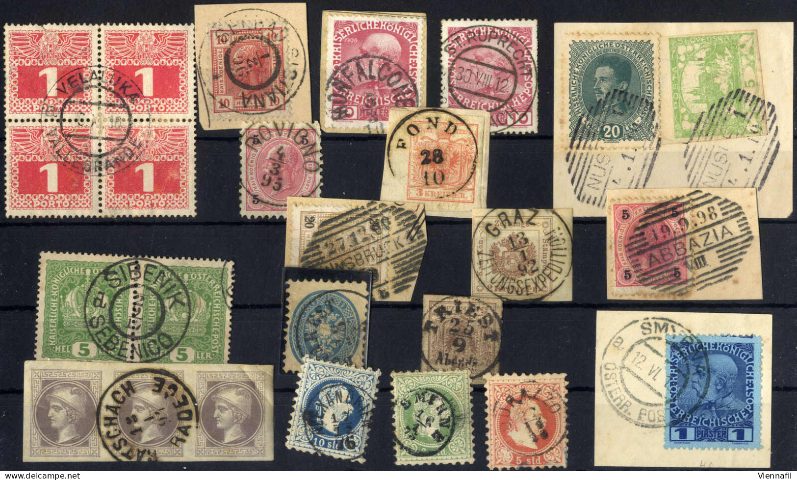 O/piece 1850-1919, Lot Abstempelungen Auf Briefmarken, Zeitungsmarken Und Correspondenzkartenausschnitten, Darunter Vor  - Verzamelingen