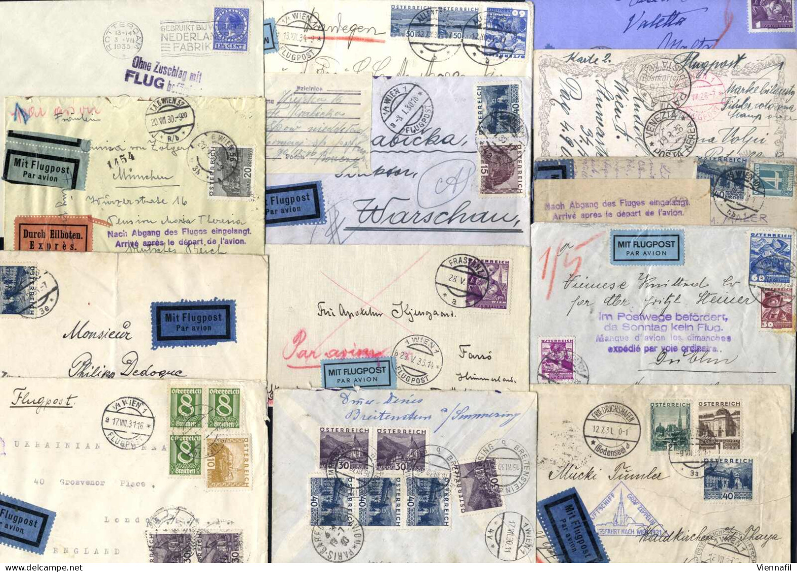 Cover 1926/38 Ca., Lot Flugpost 1. Republik, Nach Malta, Dänemark, Italien, Großbritannien, Polen, Norwegen, Von Breiten - Collections