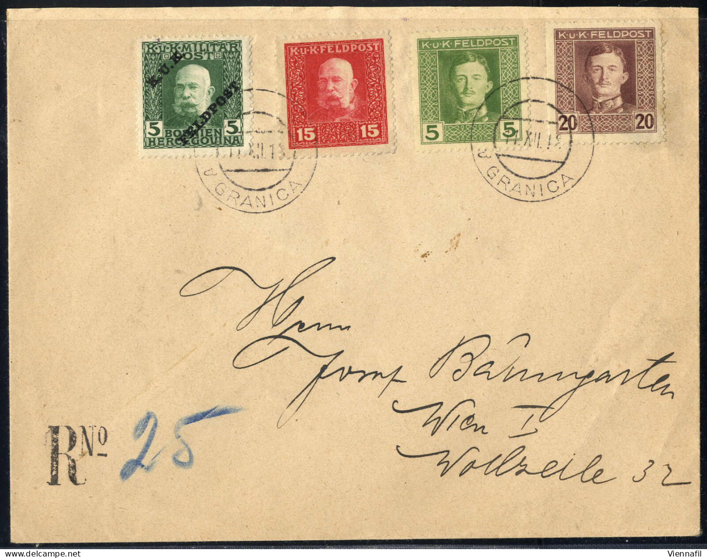 cover FELDPOST 1914/18: Lot von 22 Poststücken, darunter Rekobriefe nach Belgrad und Wien (dieser mit Einzelfrankatur 2 