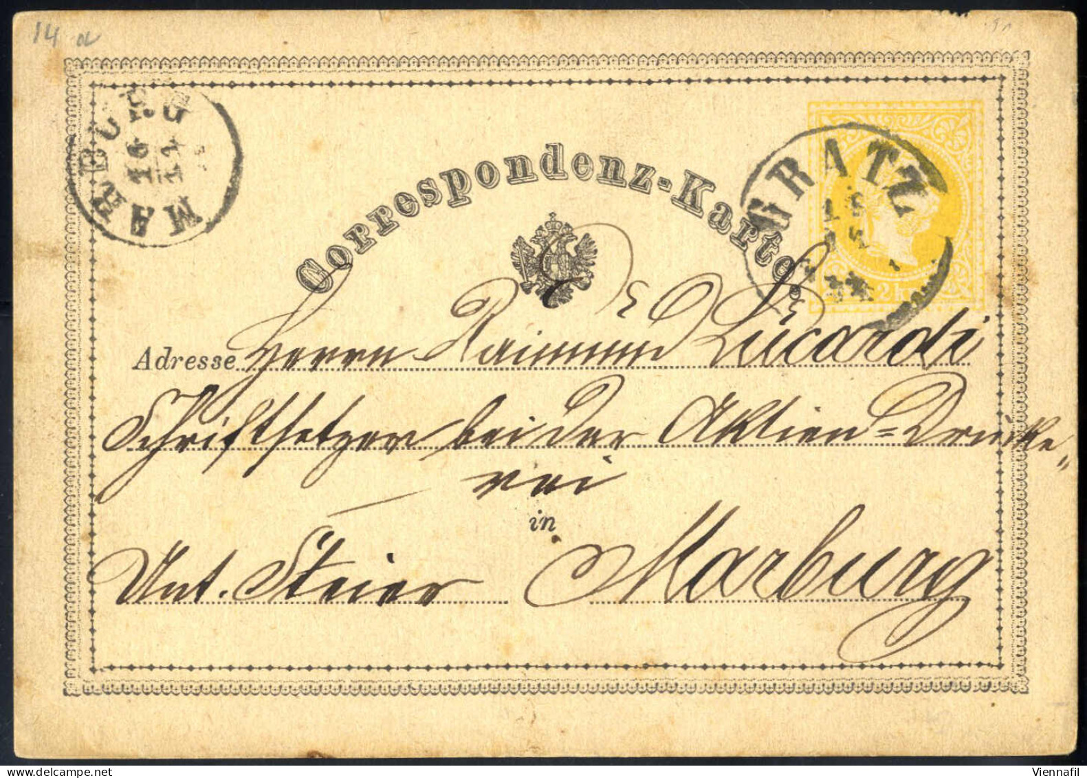 cover Korrespondenzkarten 1870/76, Posten von 64 gelben 2 Kr Ganzsachenkarten, meist gebraucht (nur wenige postfrisch), 