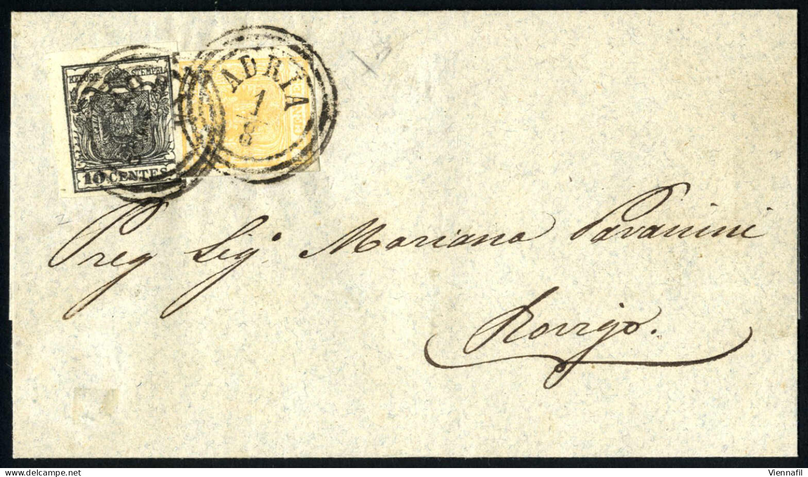 Cover 1850, 5 Cent Giallo Arancio Chiaro E 10 Cent Nero Su Lettera Da "ADRIA 20/5" (annullo C3) A Rovigo, E Lettera Con  - Lombardy-Venetia