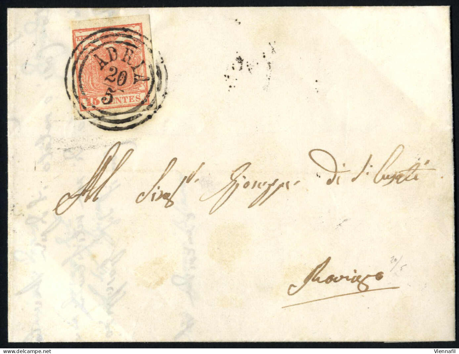 Cover 1850, 5 Cent Giallo Arancio Chiaro E 10 Cent Nero Su Lettera Da "ADRIA 20/5" (annullo C3) A Rovigo, E Lettera Con  - Lombardy-Venetia