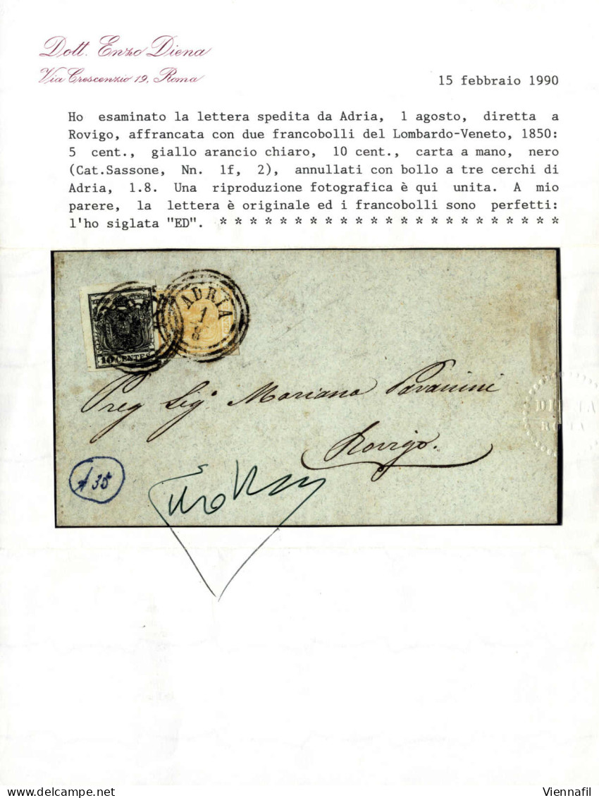 Cover 1850, 5 Cent Giallo Arancio Chiaro E 10 Cent Nero Su Lettera Da "ADRIA 20/5" (annullo C3) A Rovigo, E Lettera Con  - Lombardo-Vénétie
