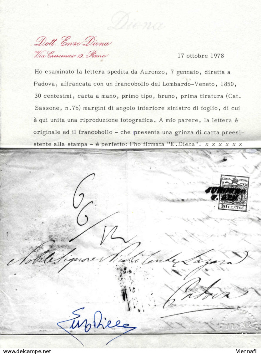 Cover 1851, Lettera Del 7.1.185(1) Da Auronzo A Padova, Affrancata Con 30 Cent. Bruno, Carta A Mano, I° Tipo E I Tiratur - Lombardo-Vénétie