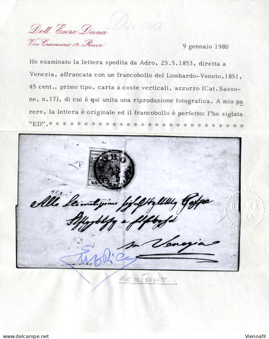 Cover 1850, 45 Cent. Carta A Coste Verticali Su Lettera Spedita Da "ADRO 25/5" (annullo CO) A Venezia, Certificato E.Die - Lombardo-Veneto