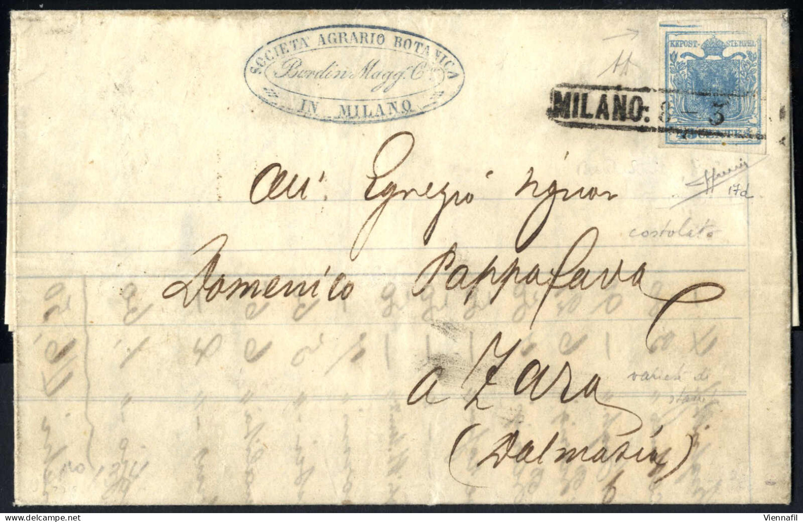 Cover 1853, Lettera Completa Del Testo Del 8.3.1853 Da Milano A Zara, Affrancata Con Un 45 Cent. Azzurro, I Tipo, Carta  - Lombardo-Veneto
