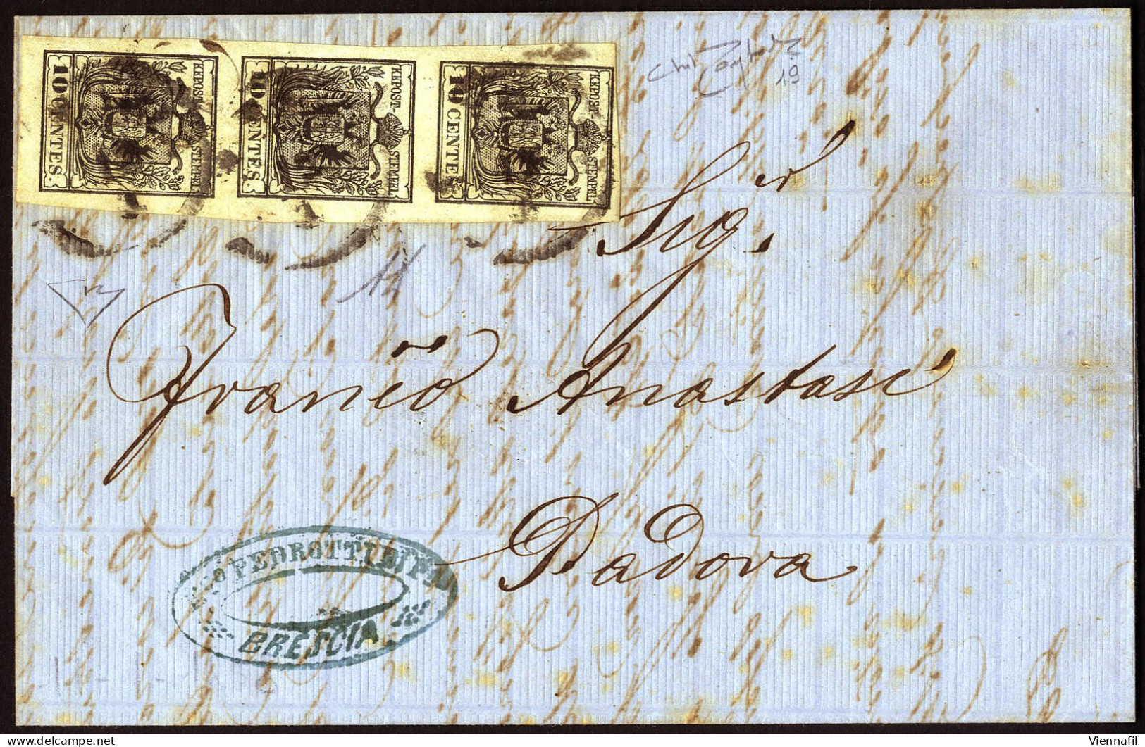 Cover 1858, Lettera Da Brescia Del 11.1 Per Padova Affrancata Con Striscia Verticale Di Tre 10 Cent. Nero Carta A Macchi - Lombardo-Veneto