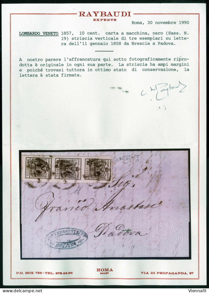 Cover 1858, Lettera Da Brescia Del 11.1 Per Padova Affrancata Con Striscia Verticale Di Tre 10 Cent. Nero Carta A Macchi - Lombardo-Veneto