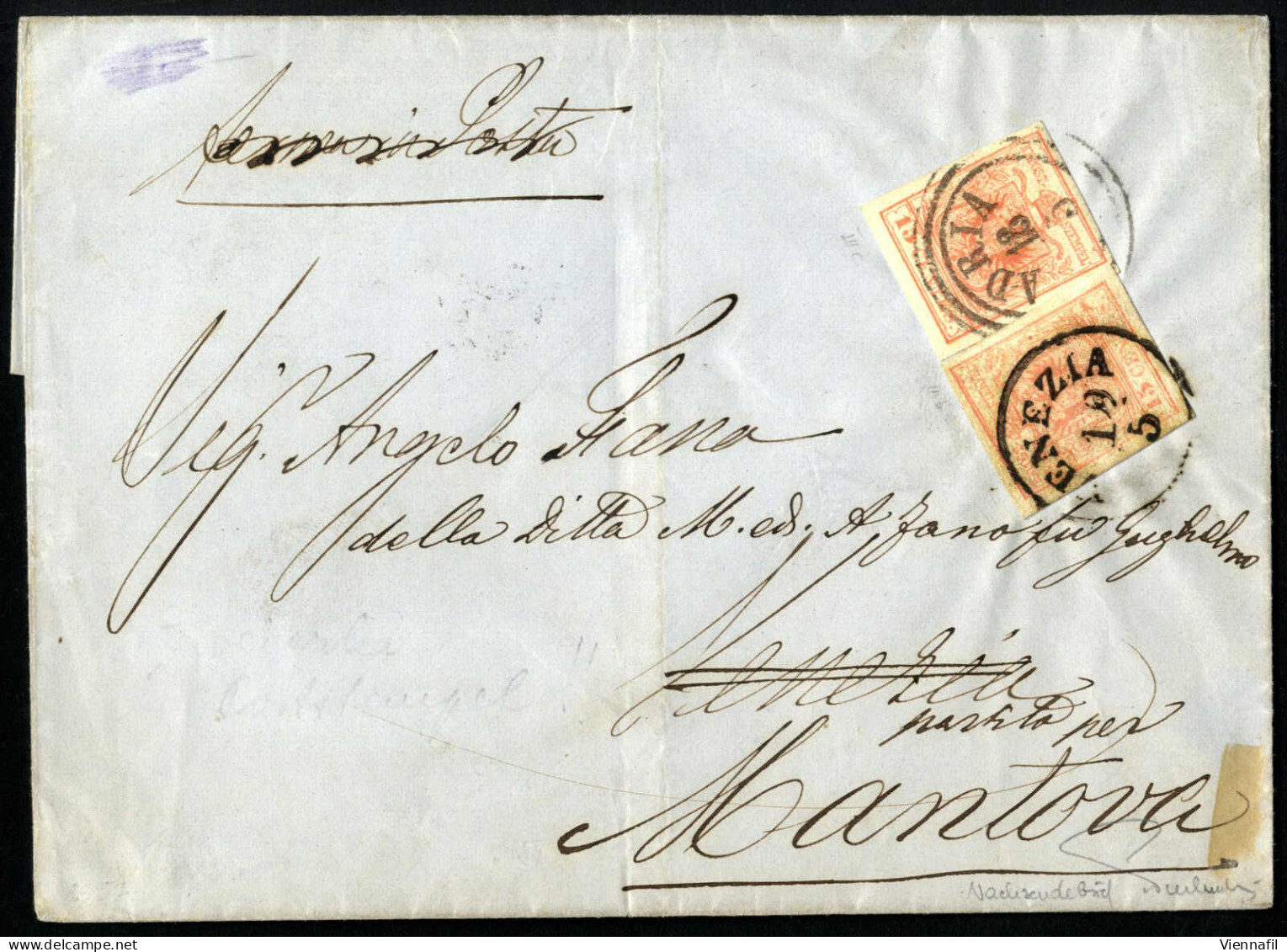 Cover 1850, 15 Cent. Carta A Macchina Su Lettera Spedita Da "ADRIA 18/5" (annullo C3) A Venezia, Riaffrancata A "VENEZIA - Lombardo-Veneto