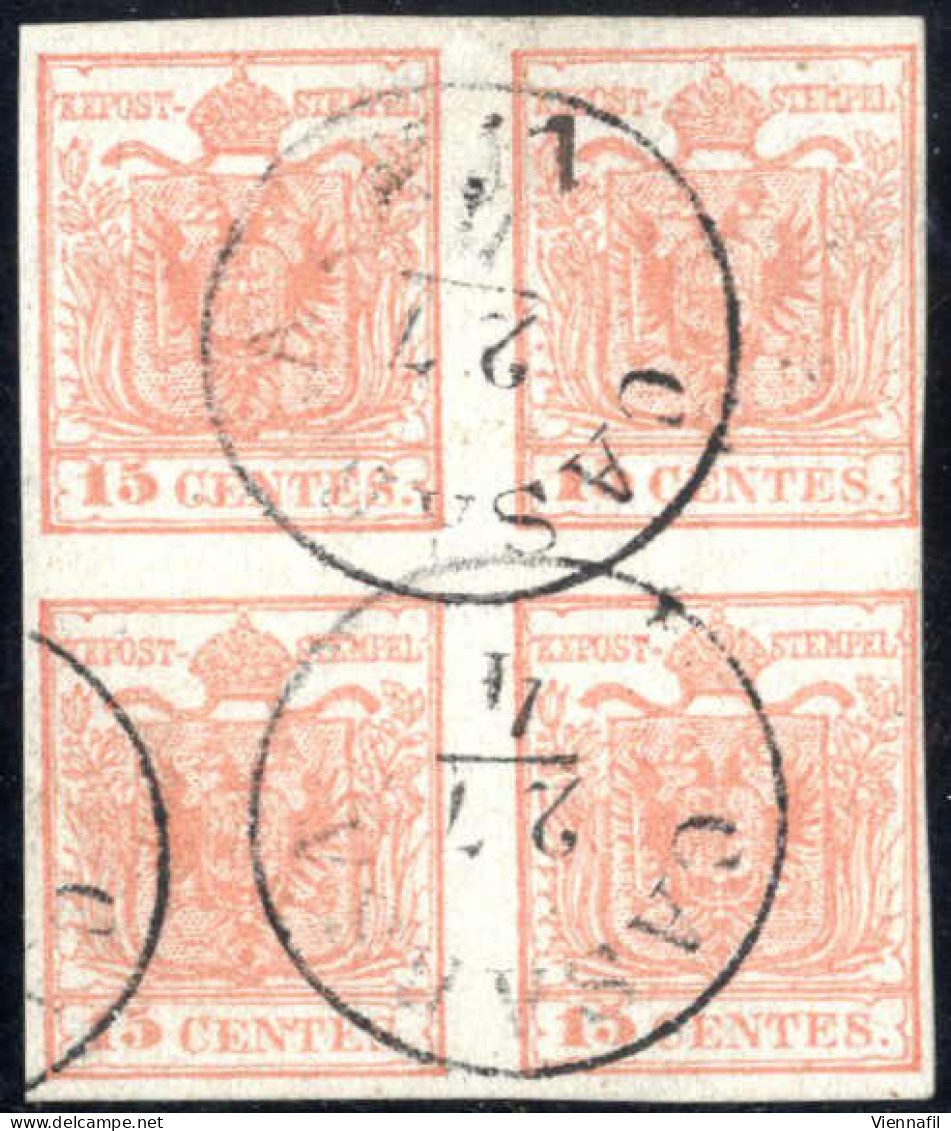 O 1850, Quartina Del 15 Cent Rosso Vermiglio Chiaro, Annullato "CASARSA 27/4" (bollo C1), Certificato Emilio Diena E Sor - Lombardy-Venetia