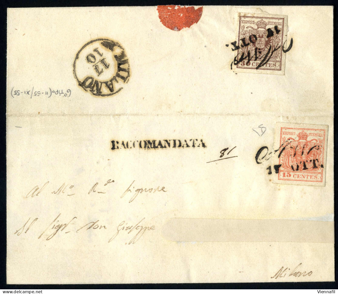 Cover 1850, Raccomandata Affrancata Con 15 Cent Carta A Macchina E Al Verso 30 Cent Carta A Mano Spedita Da "ASSO 17 OTT - Lombardo-Veneto