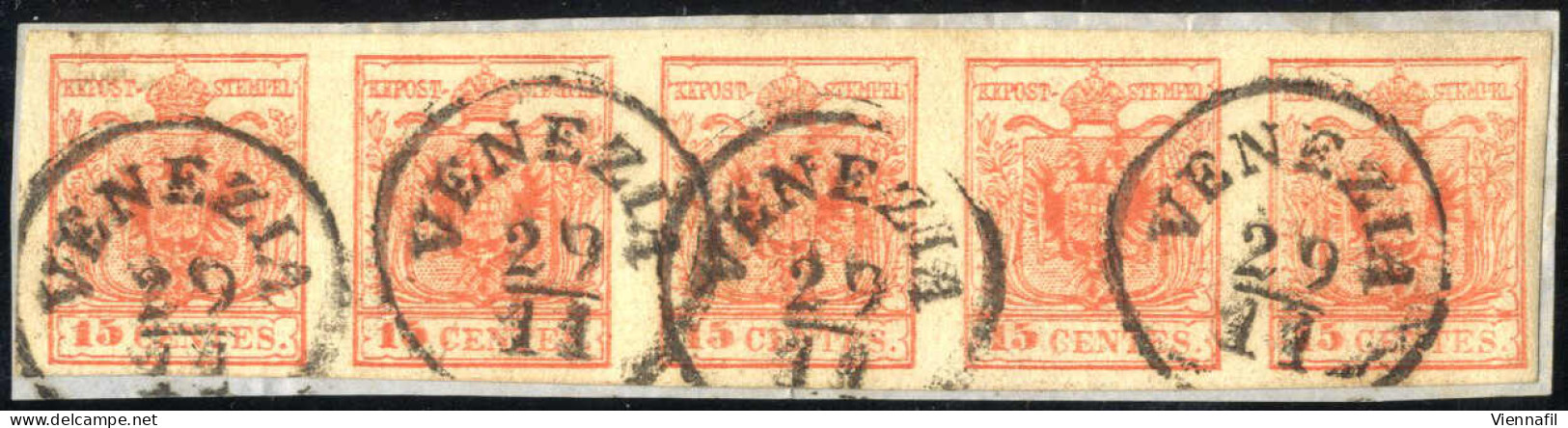 O 1850, Striscia Orizzontale Di Cinque Del 15 Cent Rosso Vermiglio III° Tipo Annullato "VENEZIA 29/11 (bollo C1), Certif - Lombardo-Venetien