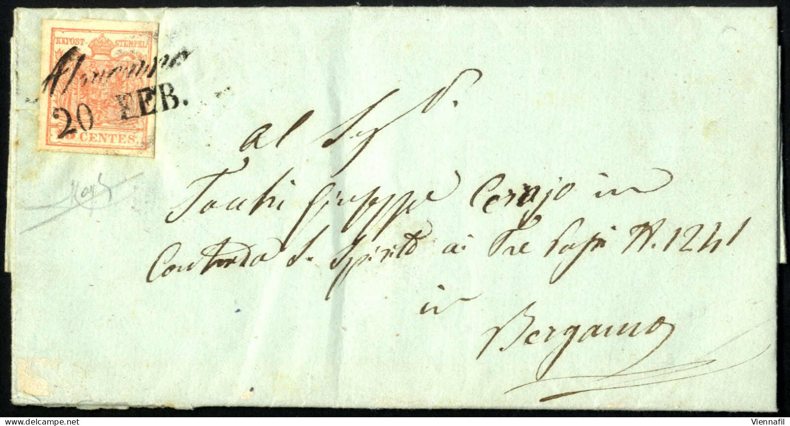 Cover 1854, 15 Cent Su Lettera Spedita Da "ALMENNO 20 FEB" (annullo Cor) A Bergamo, Firmata Sorani, Sass. 20 / P.8 - Lombardo-Venetien