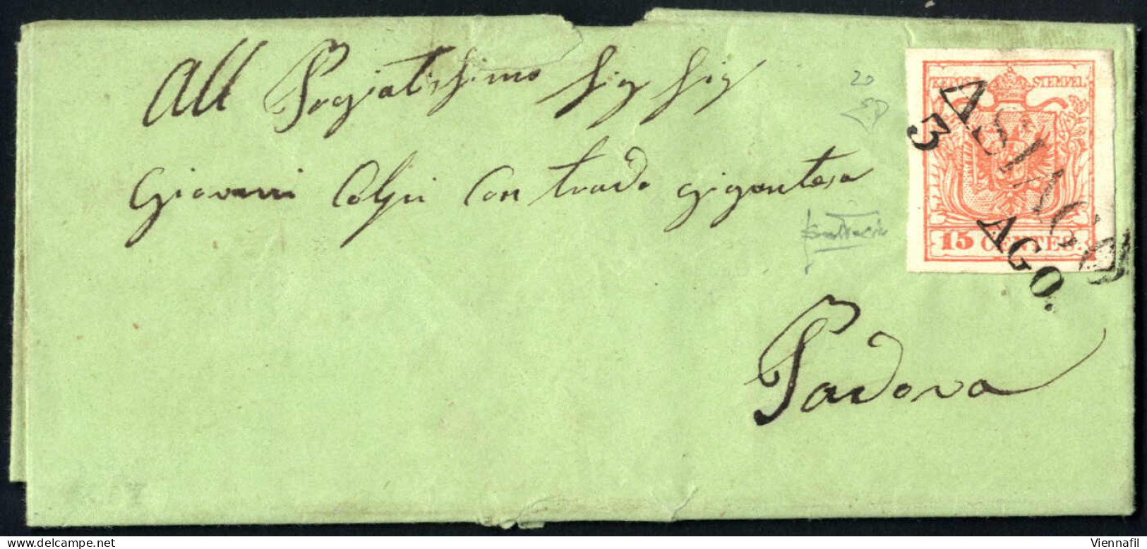 Cover 1854, Lettera Di Formato Piccolo Con Carta Di Colore Verde Intenso Affrancata Con 15 Cent Carta A Macchina Spedita - Lombardo-Veneto