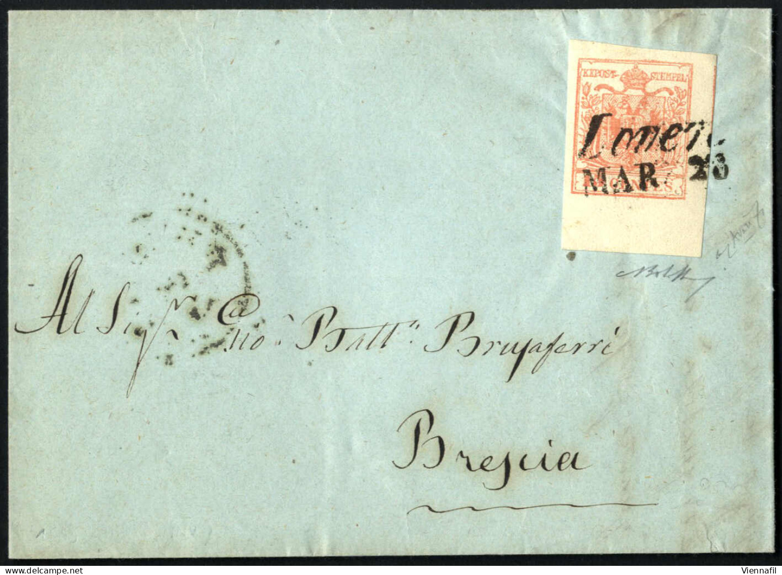 Cover 1854, Lotto Di Tre Lettere, Una Affrancata Con 15 Cent Econ 9 Mm Bordo Di Foglio E Datario Invertito "LOVERE MAR 2 - Lombardo-Venetien