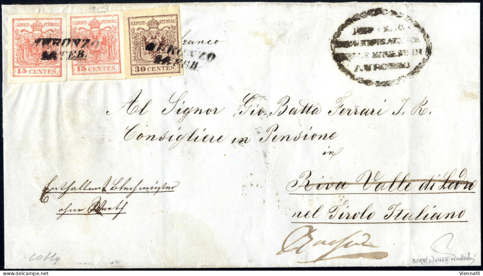 Cover 1857, Lettera Affrancata Con Due Esemplari 15 Cent Carta A Macchina 30 Cent Carta A Mano Spedita Da "AURONZO 14 FE - Lombardo-Venetien