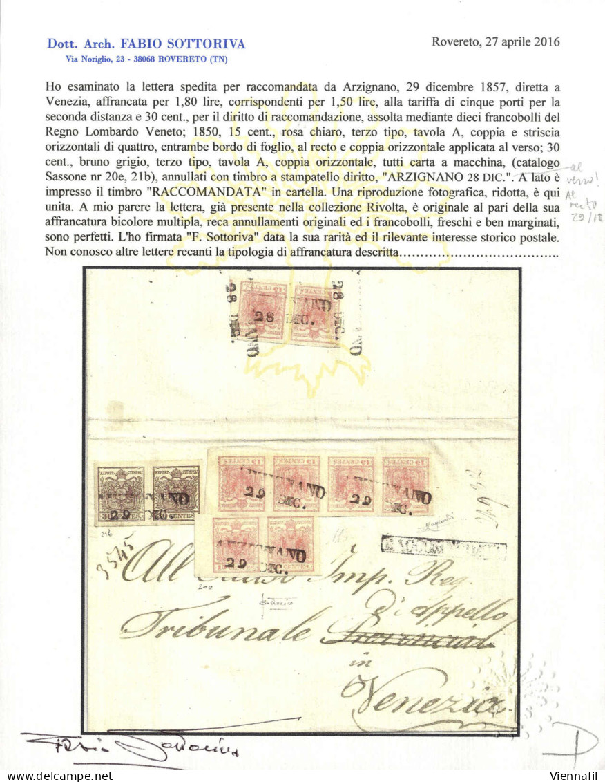 Cover 1857, Raccomandata Di Cinque Porti Affrancata Con Striscia Di Quattro E Coppia Del 15 Cent, Entrambi Con Bordo Di  - Lombardo-Vénétie