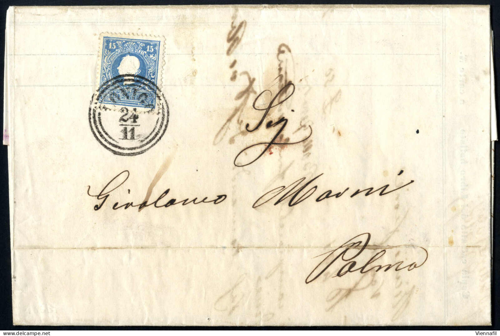 Cover 1863, 15 Soldi II° Tipo Su Lettera Spedita Da "LONIGO 24/11" (annullo C3) A Palma, La Lettera Contiene Una Ricevut - Lombardo-Vénétie