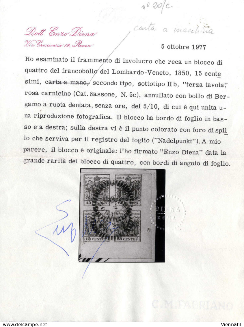 Piece 1850, Frammento Con Blocco Di Quattro Con Bordo Dell'angolo Inferiore Destro, Punto Di Registro (ca. 18mm) Del 15  - Lombardo-Venetien