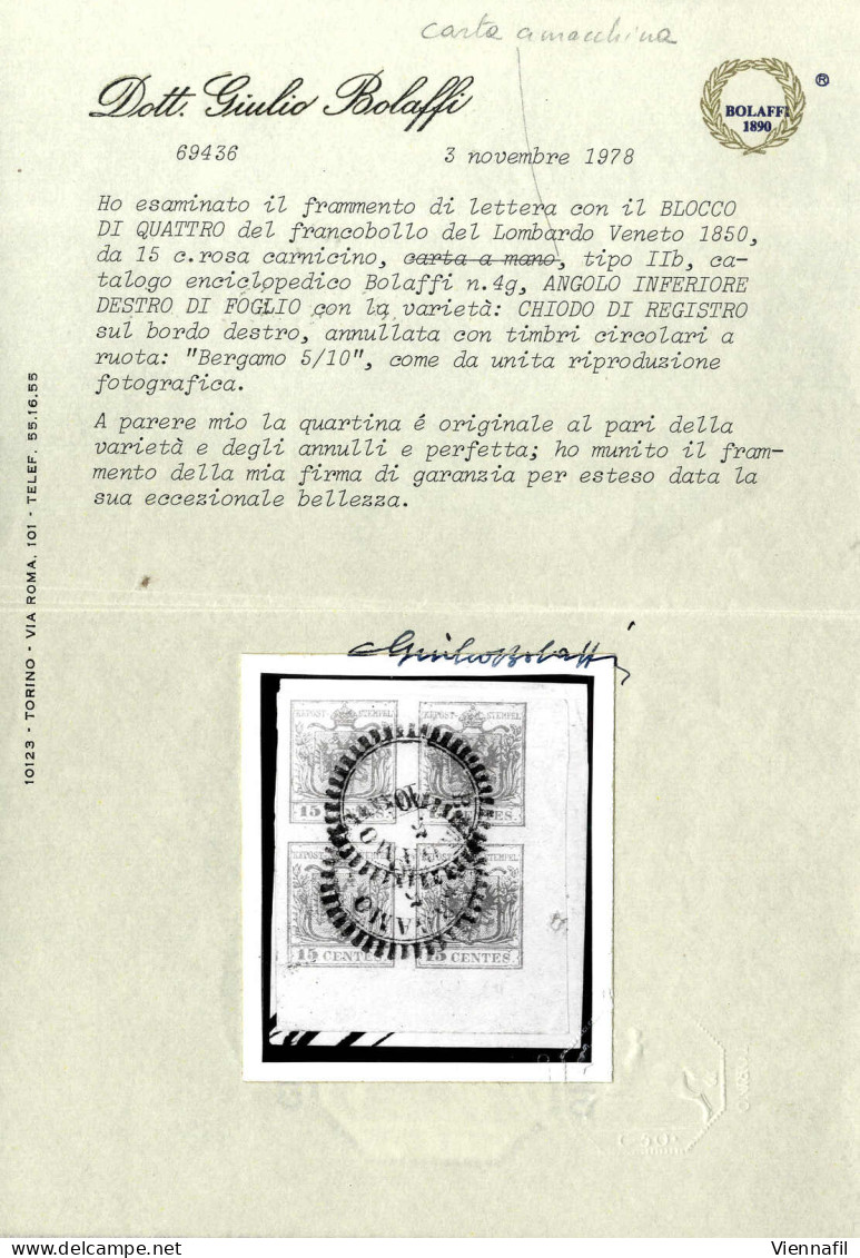 Piece 1850, Frammento Con Blocco Di Quattro Con Bordo Dell'angolo Inferiore Destro, Punto Di Registro (ca. 18mm) Del 15  - Lombardo-Veneto