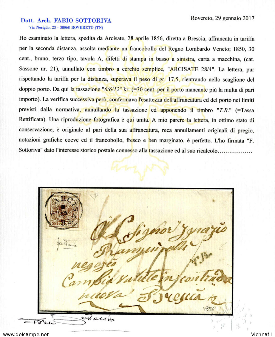 Cover 1854, 30 Cent Su Lettera Spedita Da "ARCISATE 28/4" (annullo C1) A Brescia, Bollo Accessorio TR Perchè La Lettera  - Lombardo-Vénétie