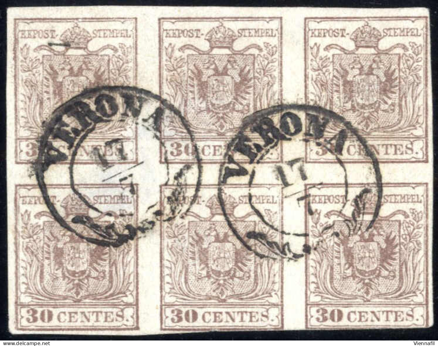 O/bof 1854, 30 Cent. Bruno, Carta A Macchina, II Tipo, Blocco Di Sei, Tre Buoni Margini, Leggermente Toccato In Basso A  - Lombardo-Vénétie