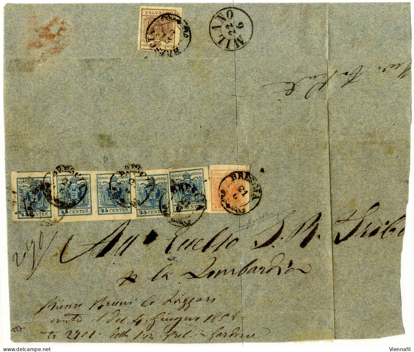 Cover 1850, Cinque Esemplari 45 Cent., Un 15 Cent Più 30 Cent Al Verso Su L'involucro Di Plico Raccomandato Spedito Da " - Lombardo-Vénétie