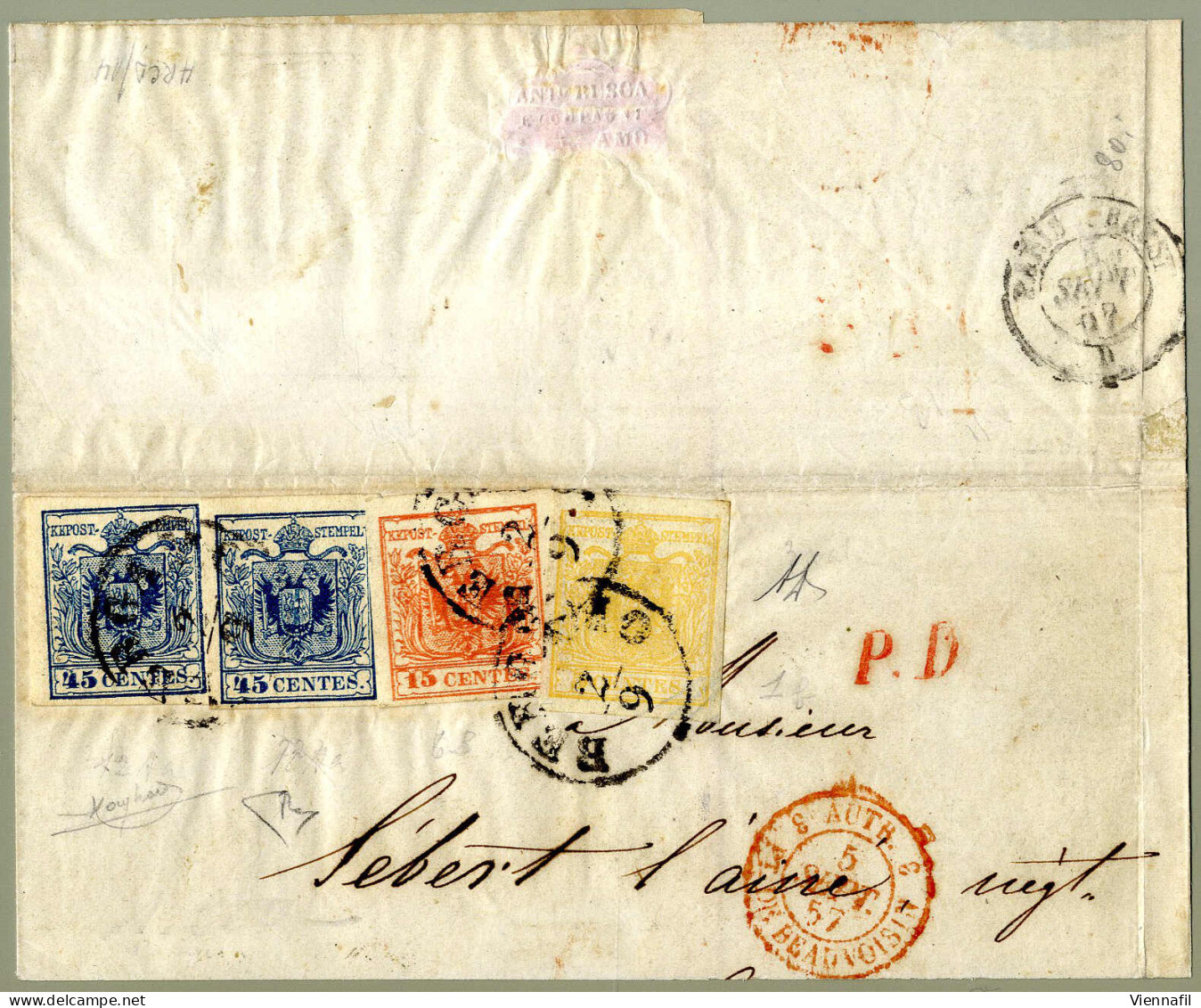 Piece 1850, Grande Frammento Di Lettera Affrancato Con 5 Cent Giallo Arancio Chiaro, 15 Cent Rosso Vermiglio III° Tipo E - Lombardo-Veneto