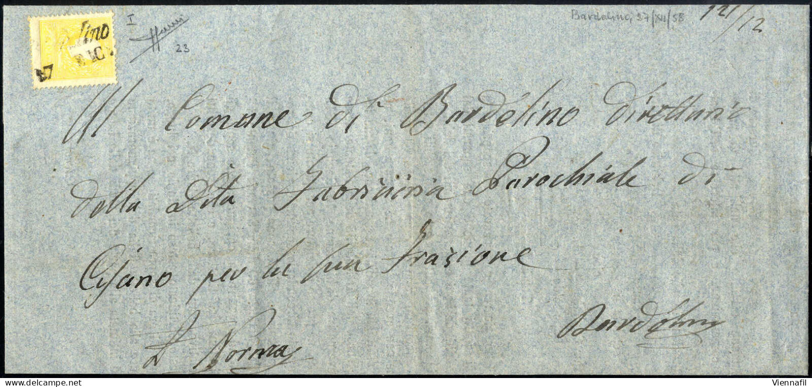 Cover 1858, 2 Soldi I° Tipo Su Stampe Circolari Per La Città "BARDOLINO 27 DIC" (annullo Cor), Certificato Sorani, Sass. - Lombardo-Venetien