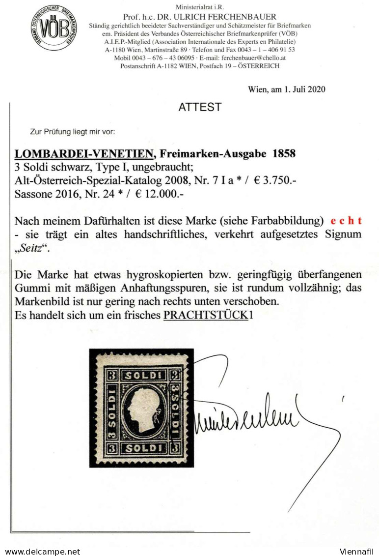 * 1858, 3 Soldi Nero I°tipo, Nuovo Con Gomma Originale, Splendido, Cert. Dr. Ferchenbauer, Sass. 24 / 16.000,- - Lombardo-Venetien