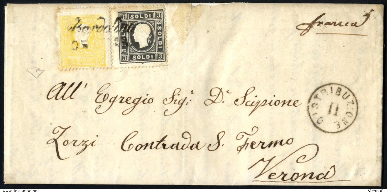 Cover 1859, 2 E 3 Soldi I° Tipo Su Lettera Spedita Da "BARDOLINO 25 FEB" (annullo Cor) A Verona, Certificato E.Diena, Sa - Lombardo-Veneto