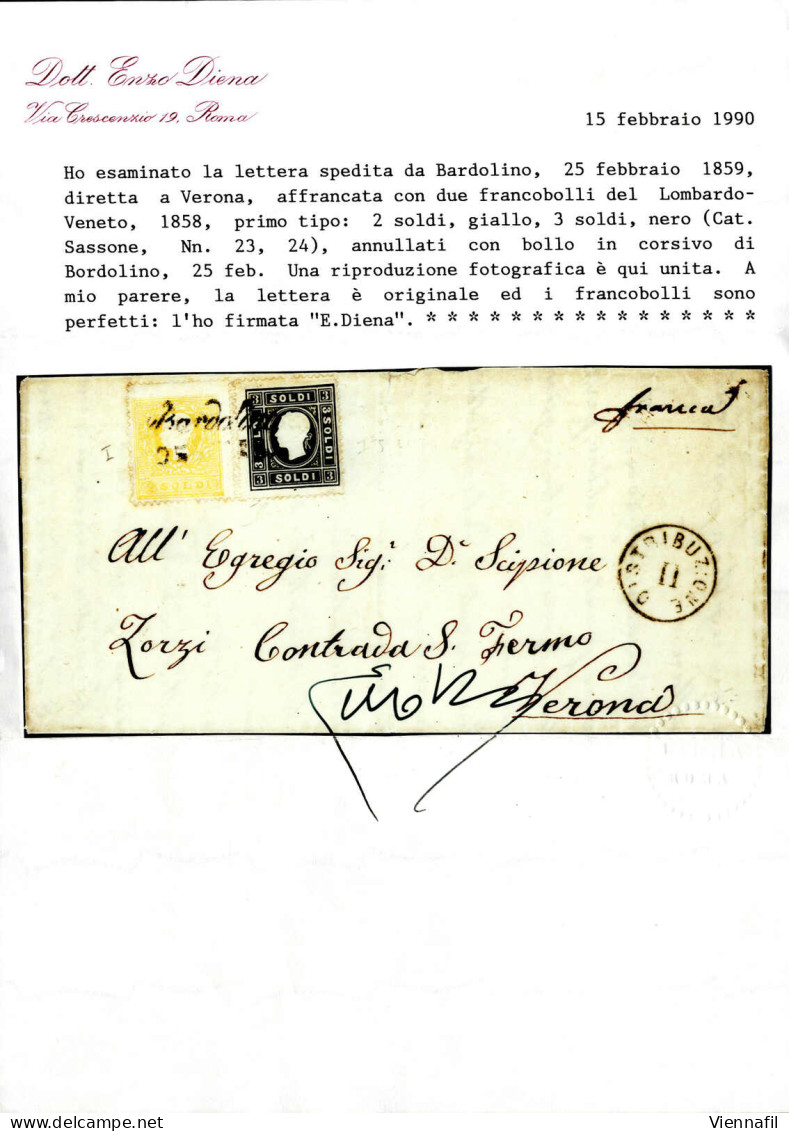 Cover 1859, 2 E 3 Soldi I° Tipo Su Lettera Spedita Da "BARDOLINO 25 FEB" (annullo Cor) A Verona, Certificato E.Diena, Sa - Lombardo-Veneto