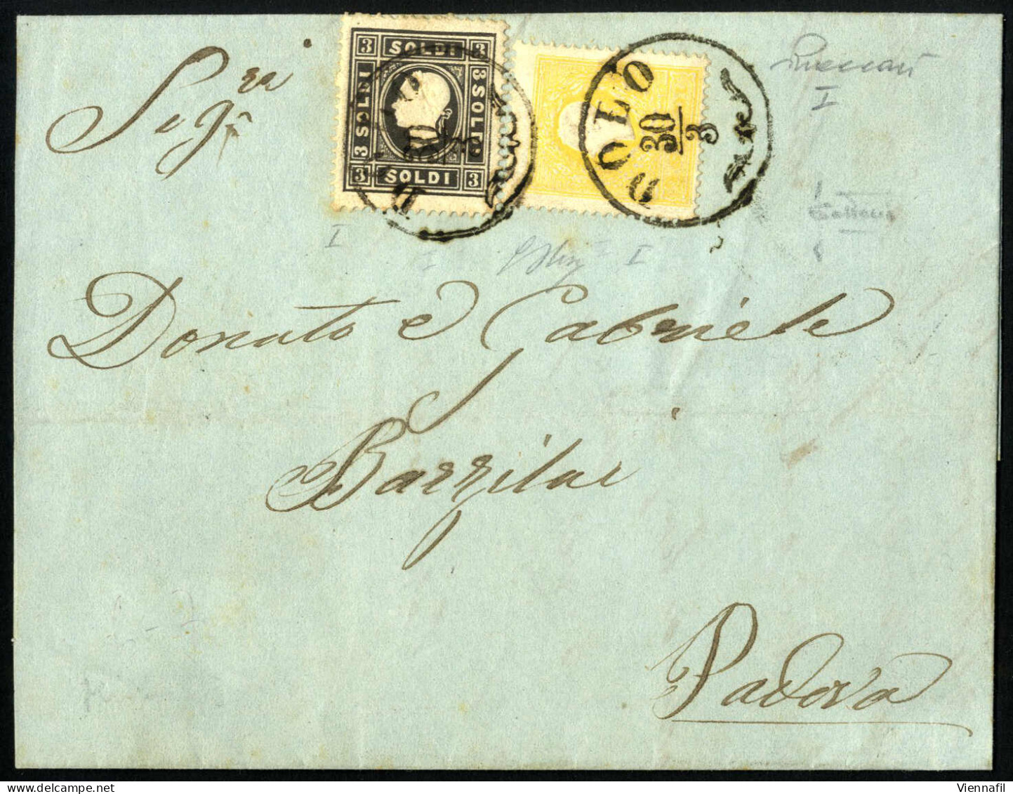 Cover 1859, 2 E 3 Soldi I° Tipo Su Lettera Spedita Da "DOLO 30/3" (annullo CO) A Padova, Certificati Sottoriva E Vaccari - Lombardo-Venetien